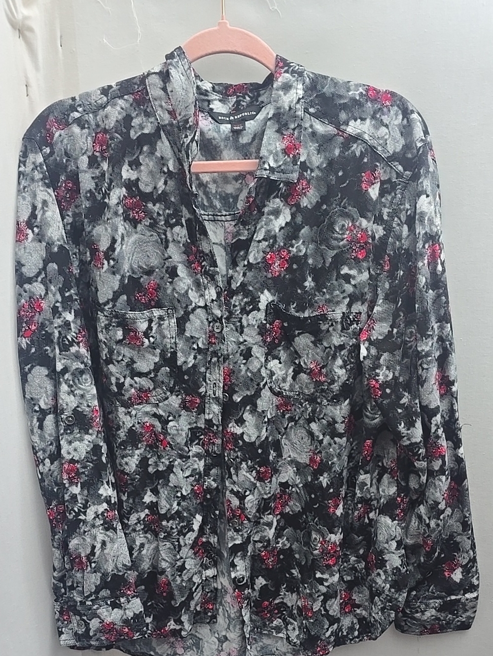 Rock & Republic Black Floral Button-Down Shirt with Pink Accents